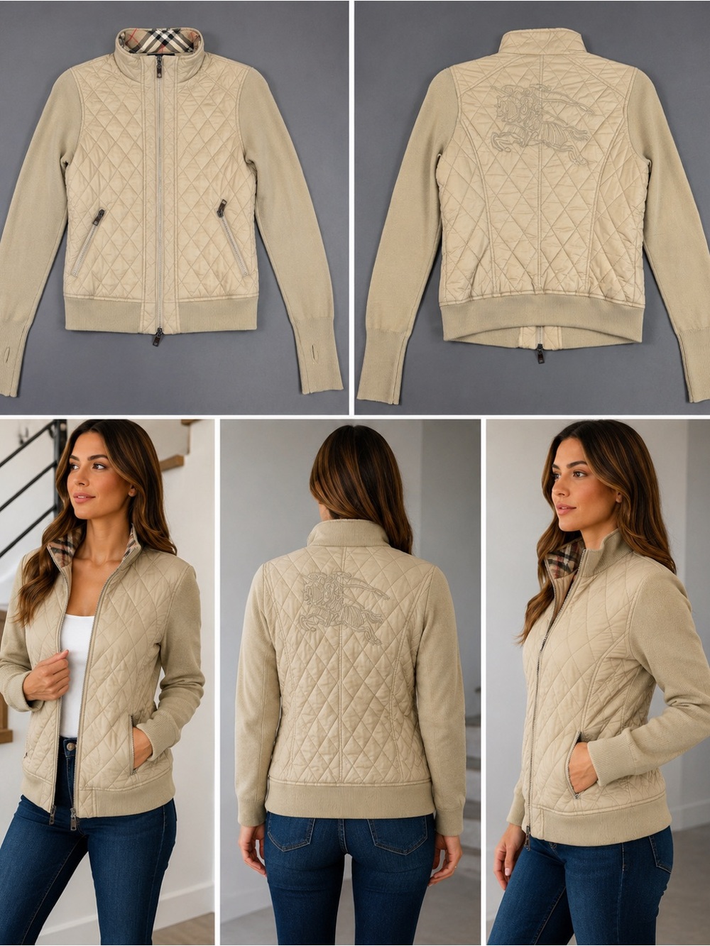 Burberry Beige Quilted Jacket with Heritage Check Trim